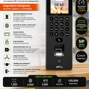 CONTROL DE ACCESO Y ASISTENCIA STANDALONE IP ZKTECO SENSEFACE 2A – 3000 HUELLAS/TARJETAS/USUARIOS – ADMS (BEST)